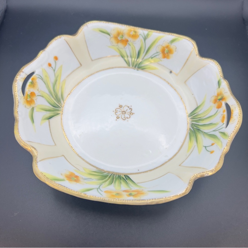 Vintage Nippon Hand Painted Moriage Bowl Yellow Green Floral